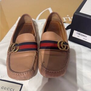 Gucci Tan Leather Loafers with Signature Stripe
